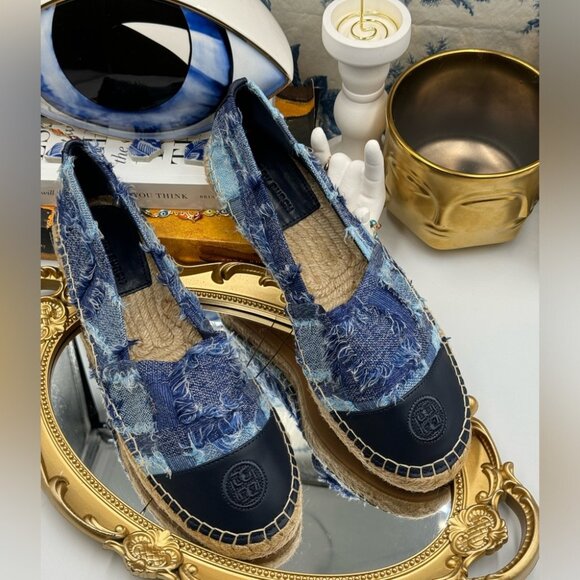 🆕 TORY BURCH 🧿 NWOB Colourblock Frayed Denim Espadrilles, Sz US 10 - Picture 14 of 16
